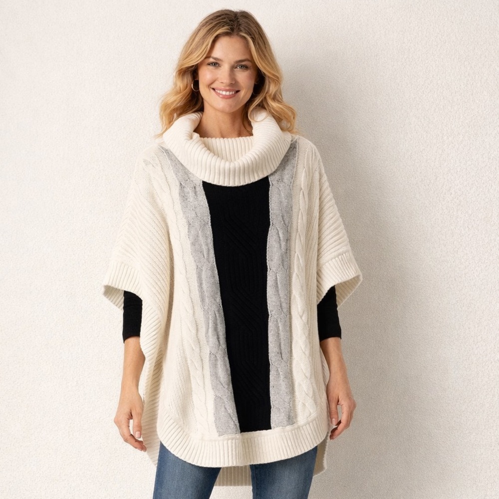 TALBOTS White Black Cable knit Cableknit Cotton Blend White poncho black Size S